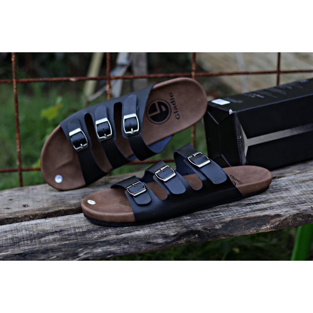 Fatimahshoes Sandal Slide kulit Kasual Santai Fashion Pria Tan Hitam Coklat