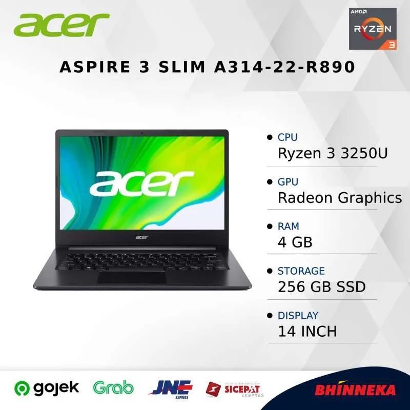 ACER Aspire 3 Slim A314-22-R890 (Ryzen 3 3250U, 4GB, 256GB) - Charcoal Black