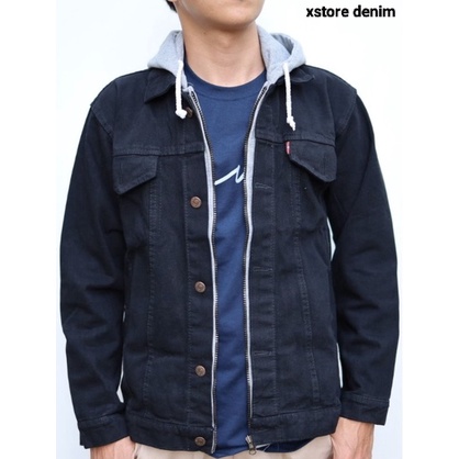 Jaket Jeans Denim Hoodie HITAM ABU Double Sleeting