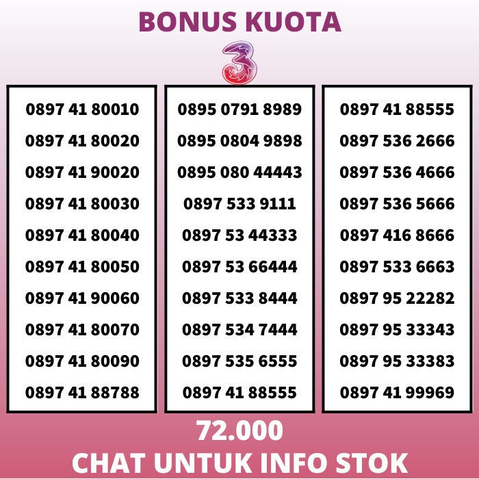 Nomor Cantik Three Kartu Perdana Tri 11 Digit Rapih Nasional Simcard 4G Bonus Kuota