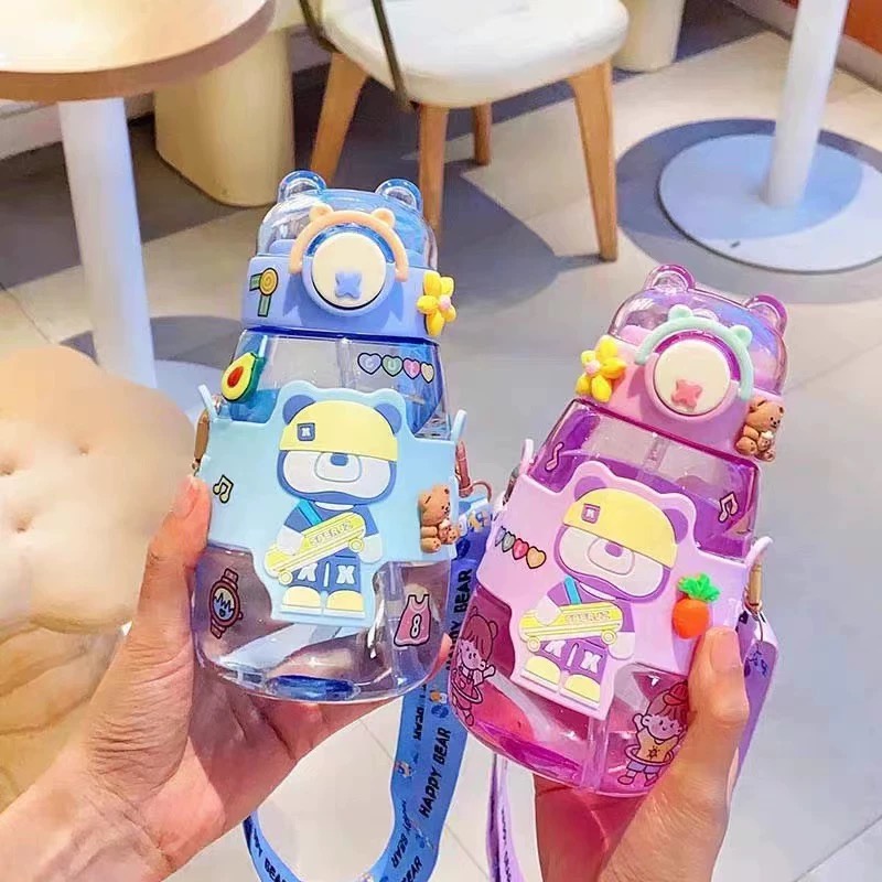 Botol minum anak happy bear 600ML BPA FREE/ Botol Air Minum anak sedotan animal series botol anak lucu botol hits free stiker 2d dan 3d dan tali panjang Bebas BPA