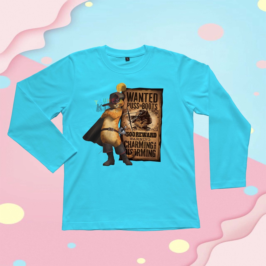 baju kaos atasan lengan panjang anak motif karakter movie "PUSS IN BOOTS" unisex bahan cottun premiu
