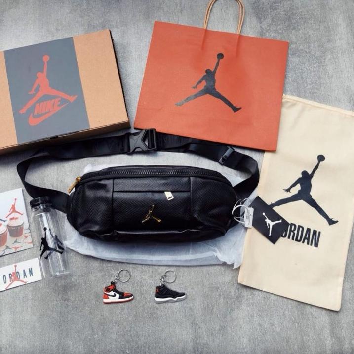 12.12 MALL Waist Bag Pria Jordan Regal Leather Black Gold With Box & Paperbag ?