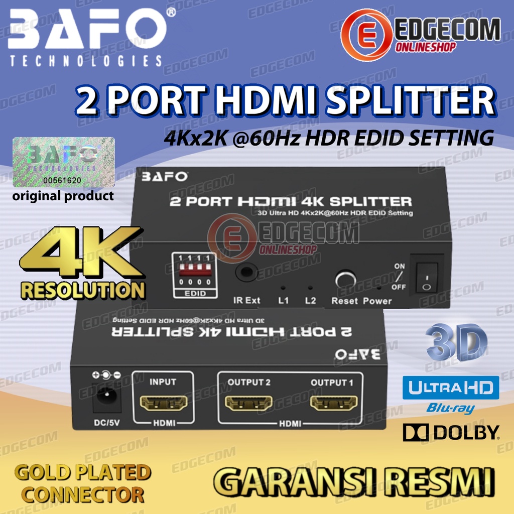 BAFO HDMI Splitter 2 Port support 4K UHD. 1 input to 2 output