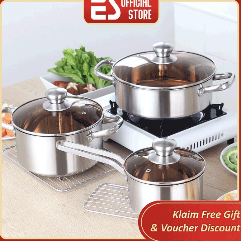 TERLARIS ES Set Panci Masak Stainless Steel Satu Set Isi Tiga Wajan Panci Murah Set Alat Masak