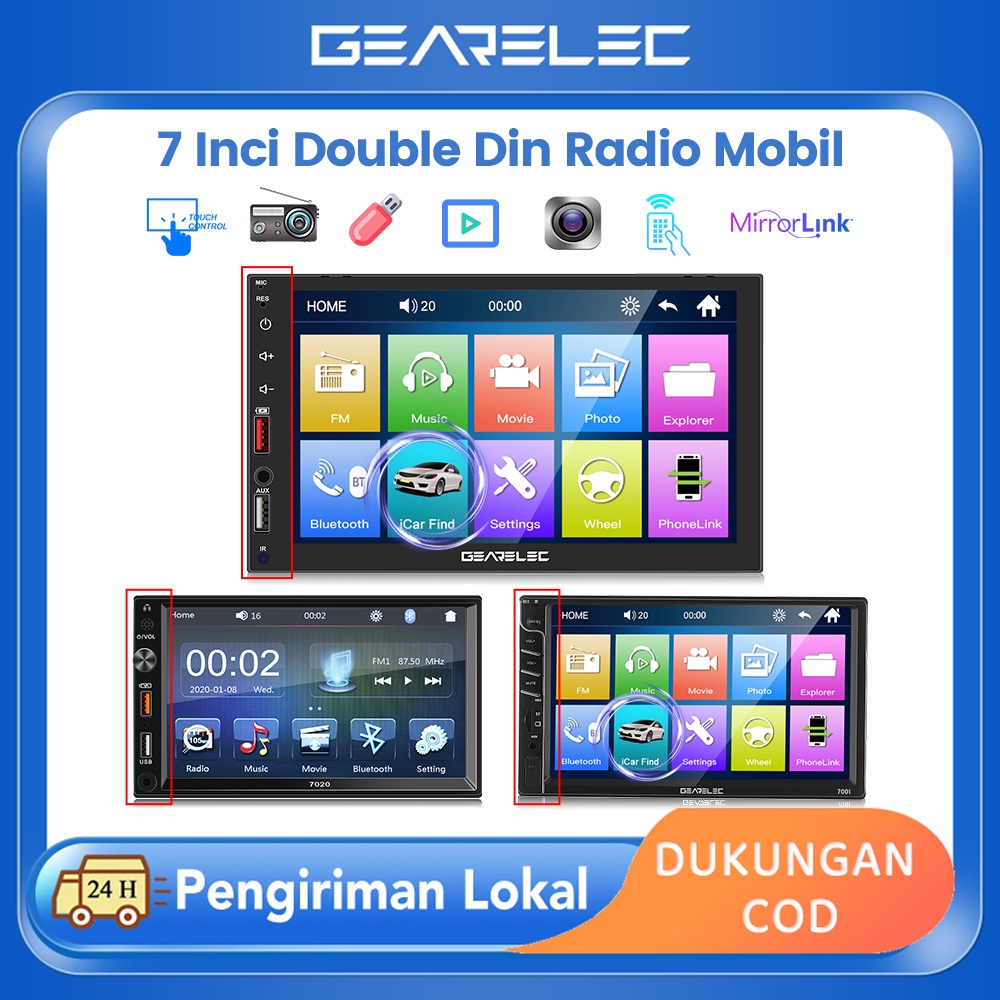 2DIN 7 inci Radio Mobil Double DIN Bluetooth 5.1 Input AUX Ganda Head Unit MP5 Player dengan USB Screen Mirroring untuk iPhone Android