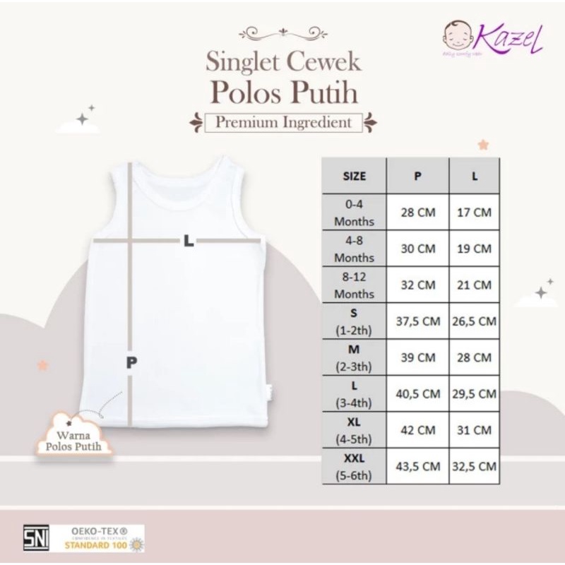 Kazel Singlet Polos Putih Untuk Bayi dan Anak Isi 6 Pcs