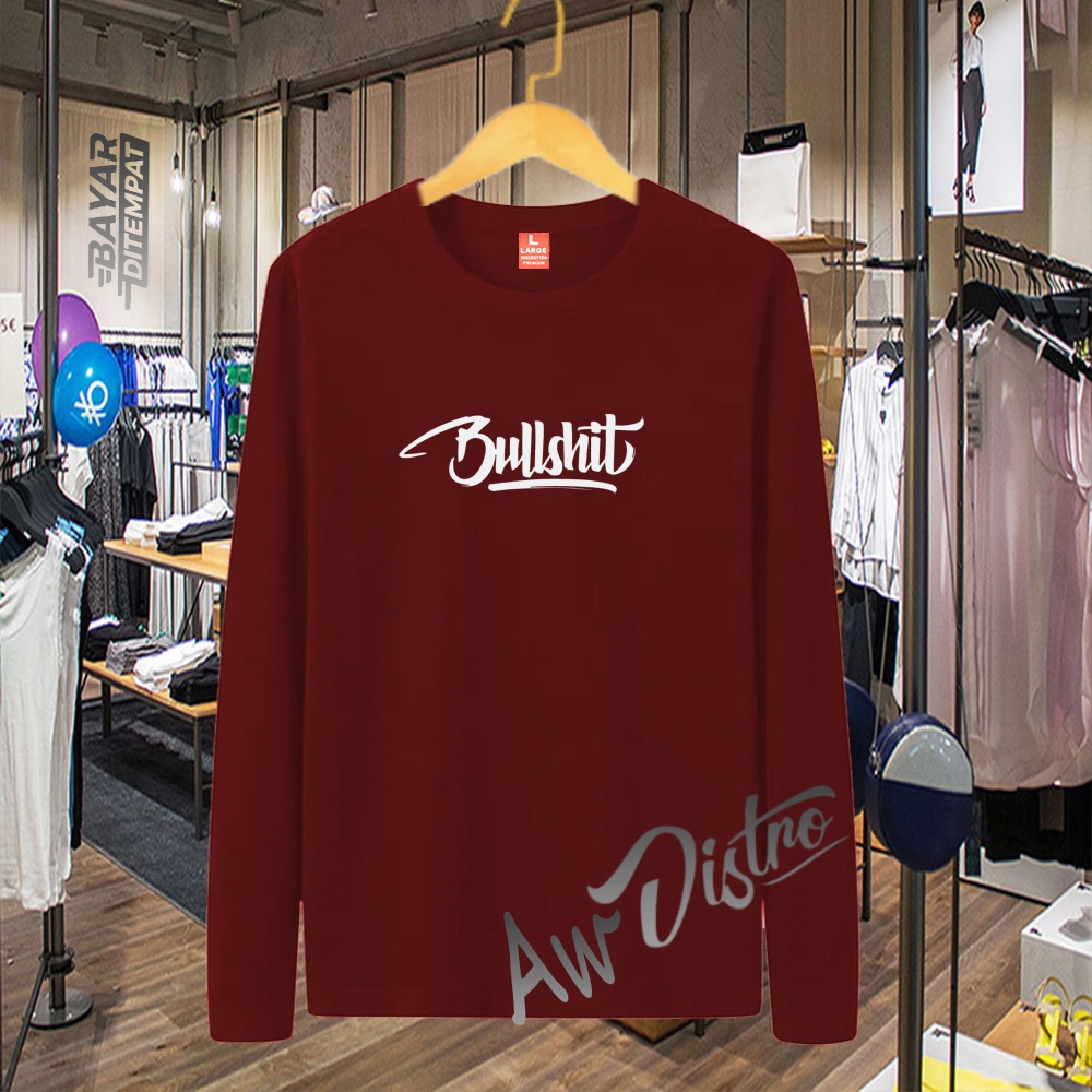 COD Baju Kaos Distro BULLSHIT Teks Putih Premium Quality Lengan Panjang Kaos Tulisan Kaos Kata-Kata Kaos Sablon Big Size