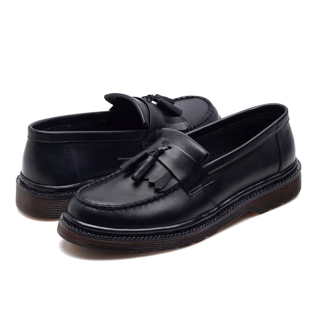 Gates Black Solid (Kulit Asli) - Sepatu Loafers Pria Casual Kulit Asli Formal Slip On Kerja Kuliah Loafer Kasual Original