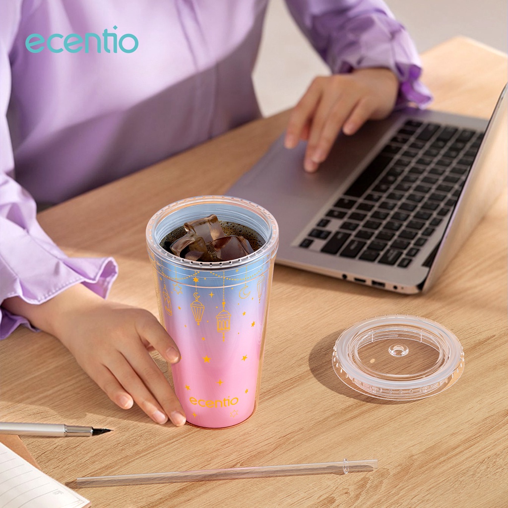 ecentio Serendipity Tumbler Kopi 450ml Free Sedotan Dan Tutup Anti Tumpah Botol Minum Mug Kopi Plastik Water Bottle Coffee