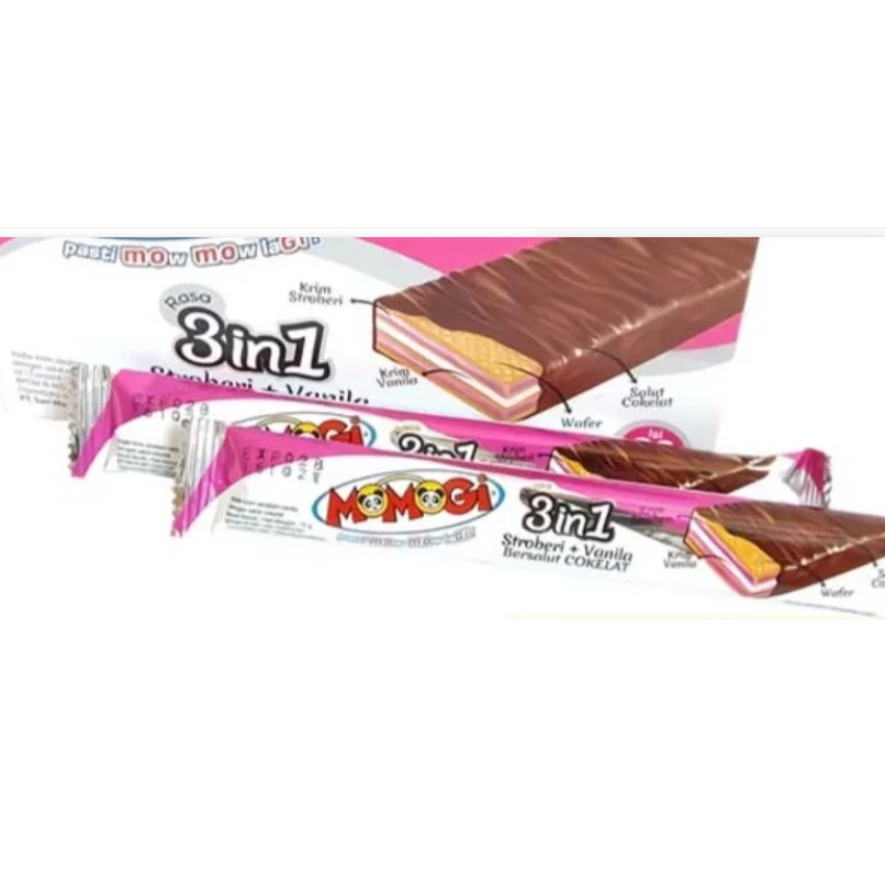 Momogi Salut Rasa 3 in 1 | Strowberi Vanila bersalut coklat 1 box 20 pcs