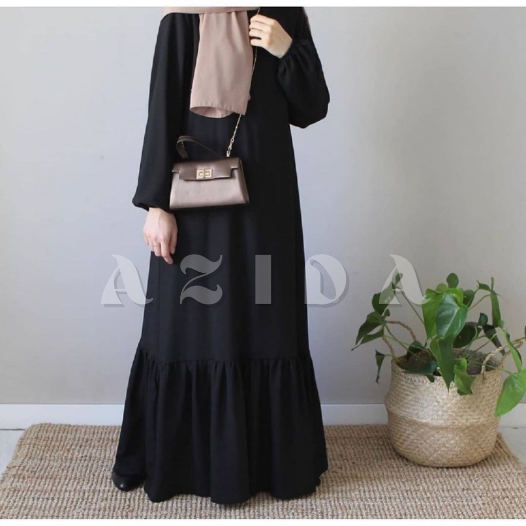 Abaya Hitam Lengan Kerut Gamis Hitam Polos Abaya Remaja Simple Kekinian