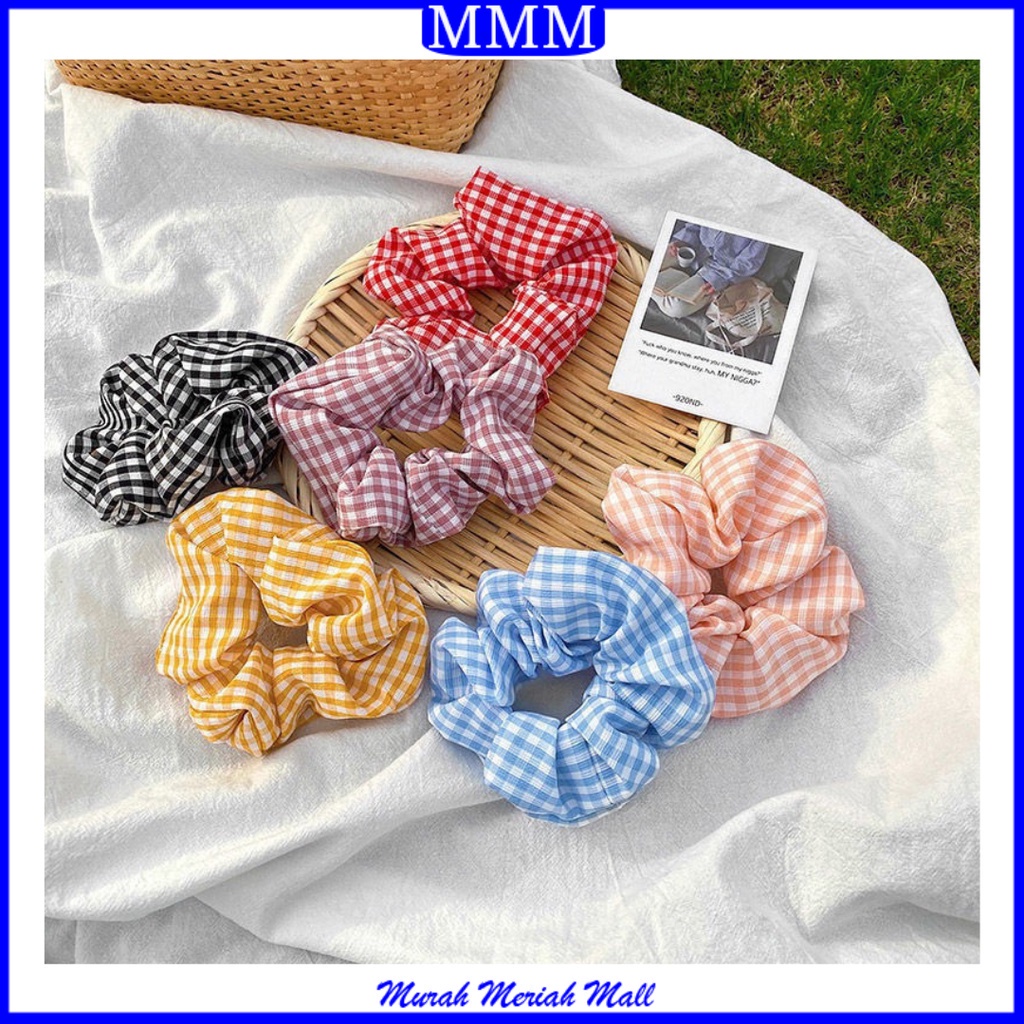 MMM IKAT RAMBUT SCRUNCHIE ELASTIS MOTIF KOTAK GARIS BAHAN KATUN GAYA KOREA ISI 3 PCS FREE POUCH