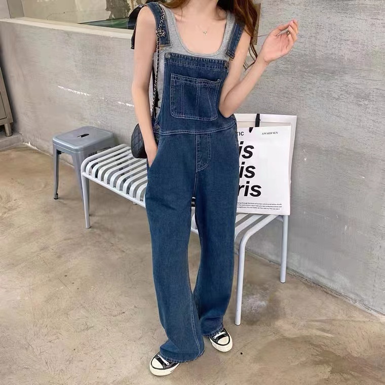 Overall Jeans Loose Wanita Santai Biru Korea Style