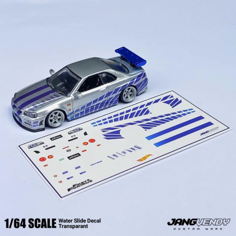 Decal hotwheels Nissan skyline R34 Fast Furious transparant decal