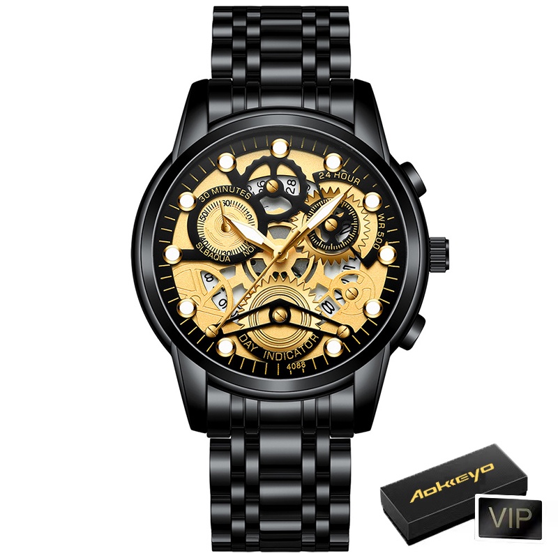 Aokeyo 4088 Jam Tangan Pria Anti Air Original Luxury Stainless Steel（Free BOX+Kartu）-Gold-Black-F3
