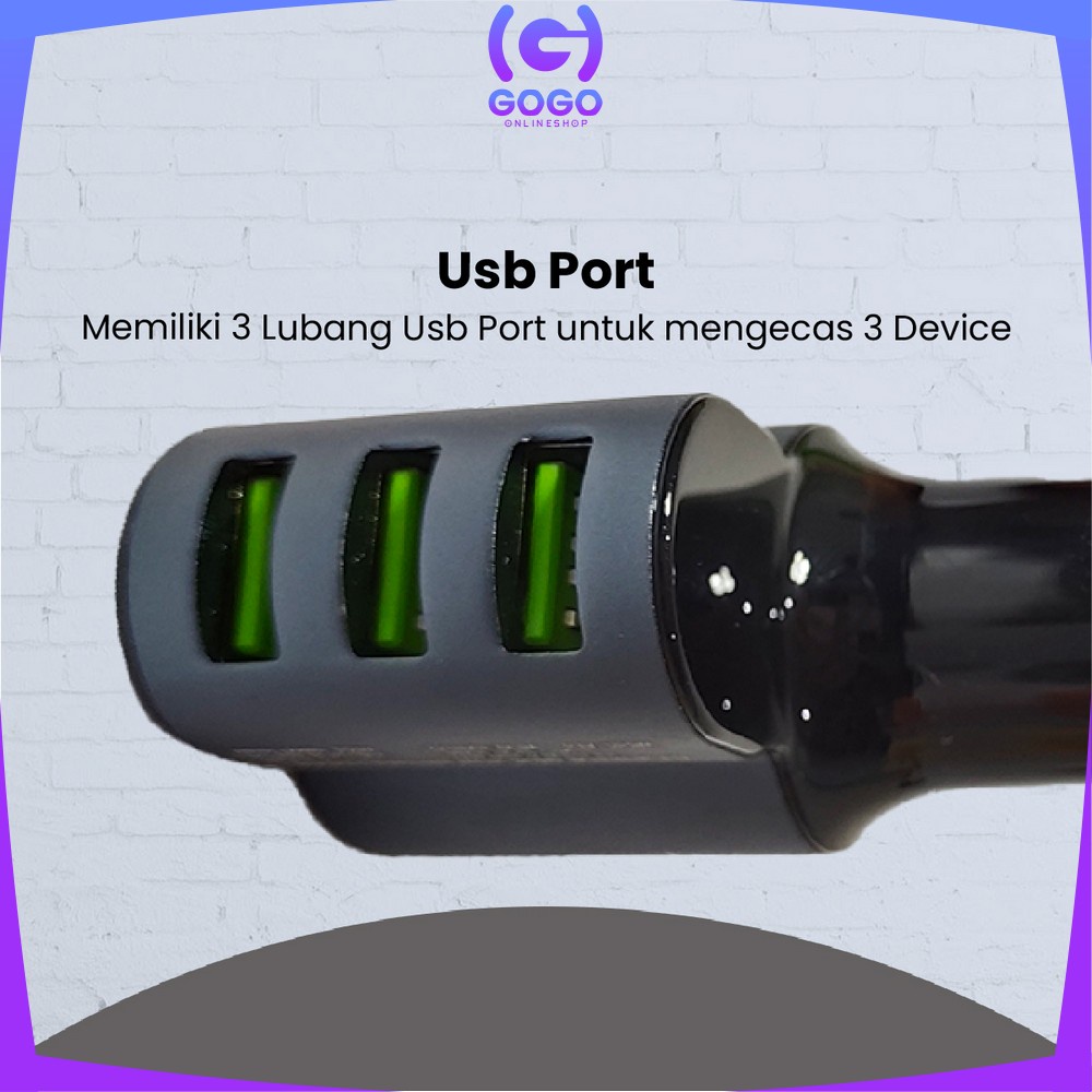 GOGO-C821 Car Charger 3 USB Ports Universal Fast Charging Socket Adaptor / Colokan Phone Charger Mobil Triple USB