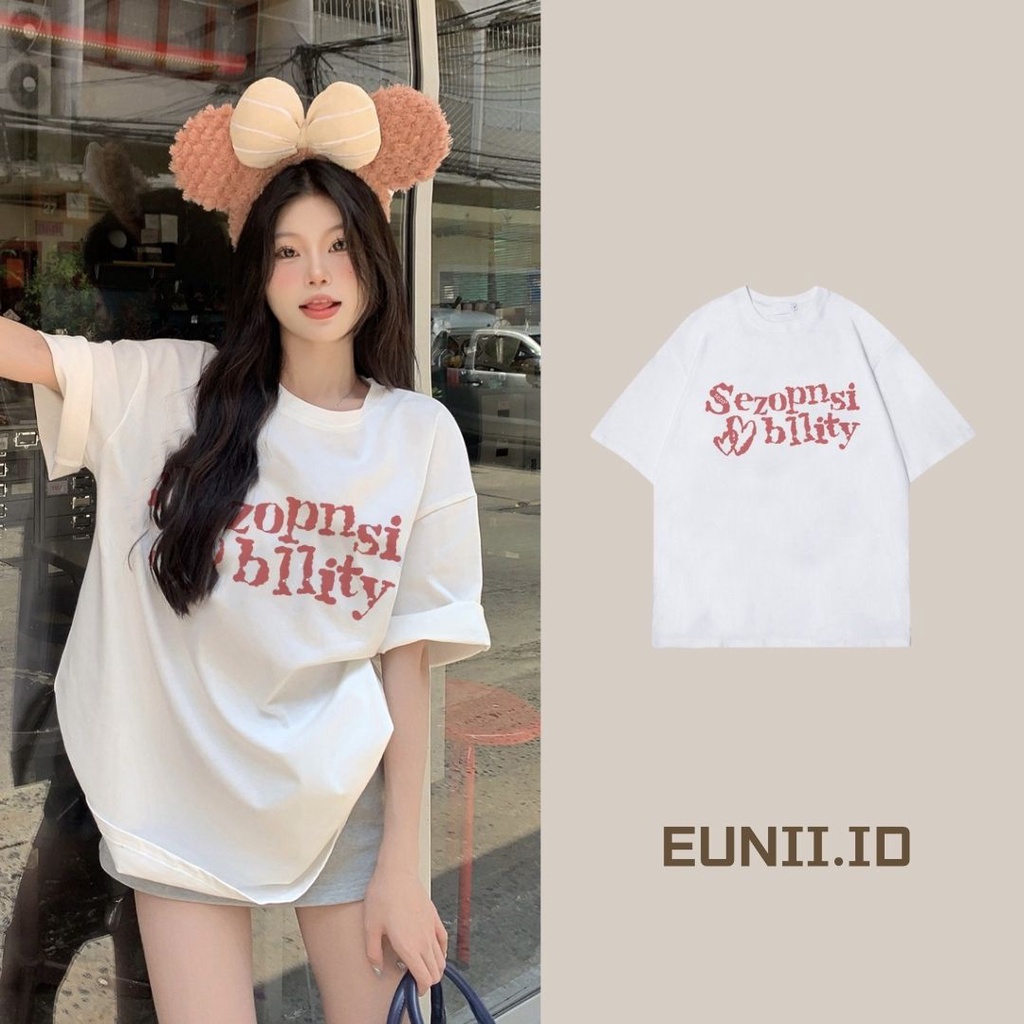 EUNII T-shirt Lengan Pendek Design Sense Pink English Korean Style/Kaos Atasan Wanita/Baju Kaus Oversize Wanita/Kaos Wanita