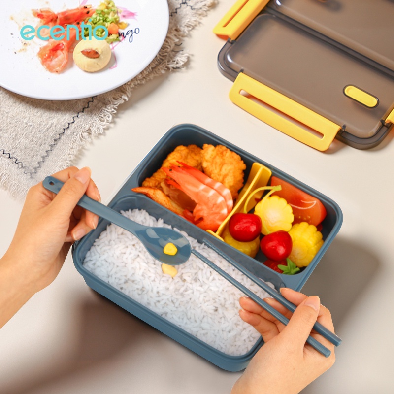 ecentio lunch box set tempat makanan 3 sekat anti tumpah/cangkir sup cup plastik tahan panas lengkap dengan hitam tas bekal bag