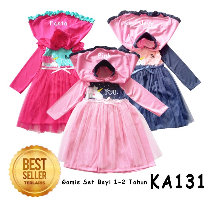 Set Gamis Hijab Bayi Muslim 1-2 Tahun Perempuan Unicorn Princess KA131 - Navy, One Size