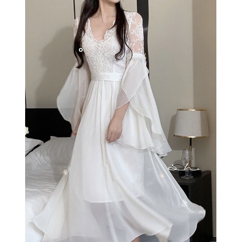Gaun Elegan Vintage Berenda Putih Gaun Midi Pesta Malam Retro Sifon Wanita Gaun Peri Putri Korea