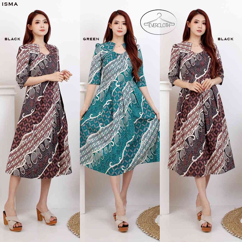 Evercloth Isma Dress Batik Lengan Panjang Wanita Dress Wanita Jumbo Batik Couple Dress Pita A-Line Gaun Batik Pastel Rok Mekar