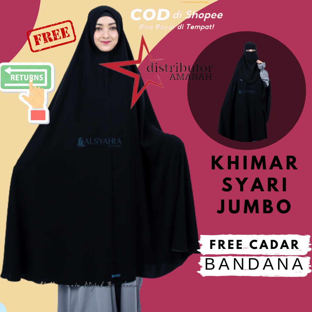 Alsyahra Exclusive Long Khimar Syari Al Haramain Jetblack Non pad Free Bandana