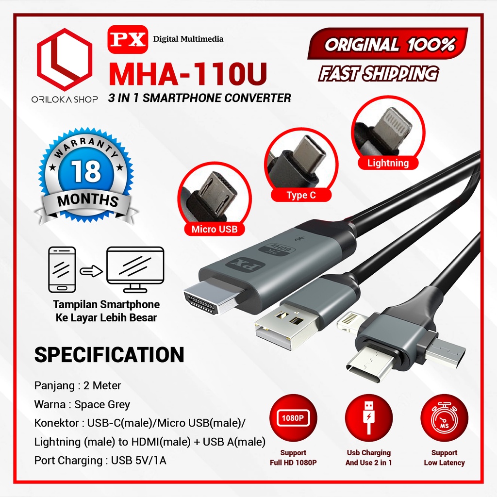 PX MHA-110U Kabel HDMI 3 in 1 Converter TV Micro / Type C / Lightning - Garansi Resmi PX