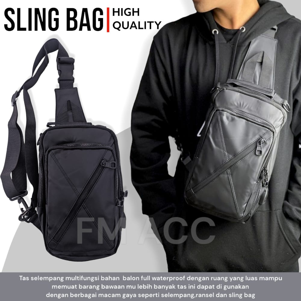 Tas Selempang Pria USB Charge Model Persegi Waistbag Sport Sling Bag Waterproof Multifungsi