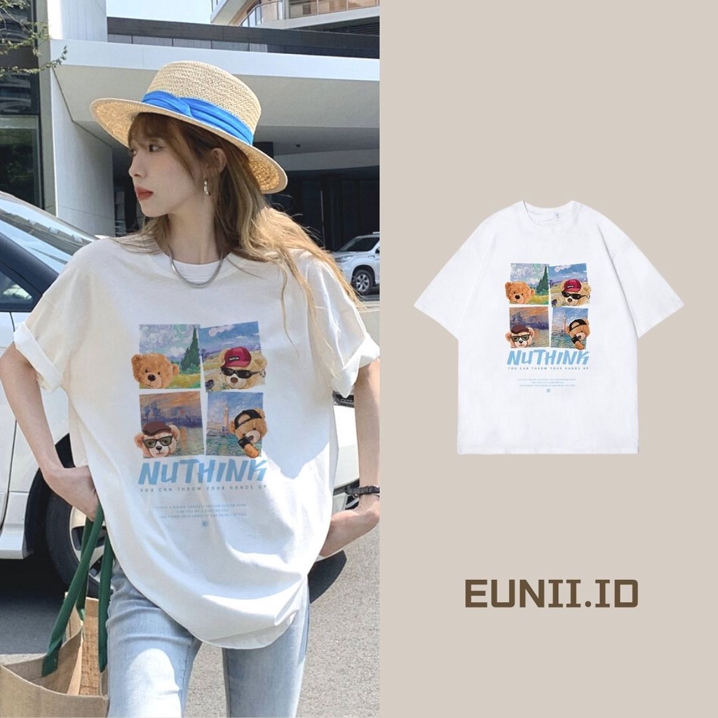 EUNII T-shirt Lengan Pendek Cartoon Oil Painting Cool Bear Korean Style/Kaos Atasan Wanita/Baju Kaus Oversize Wanita/Kaos Wanita