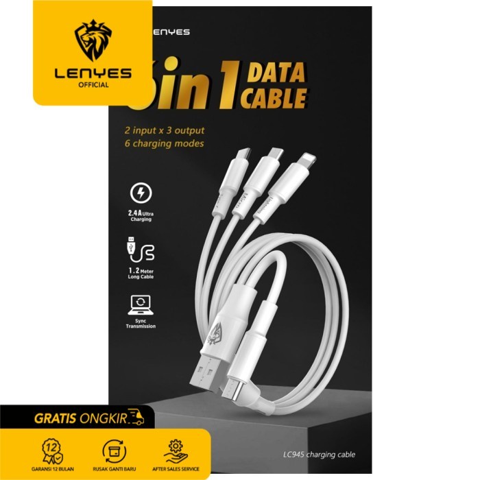 LENYES LC945 2.4A 6 In 1 Kabel Data 1.2m Micro USB Type C Lightning casan