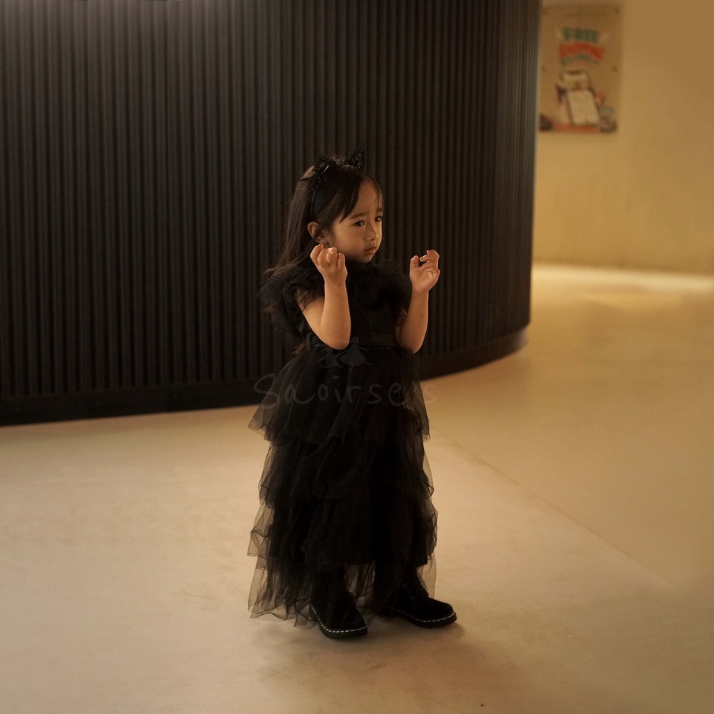 Saoirse's Wednesday Dress - Dress hitam tulle kostum anak balita - gaun cosplay prom addams