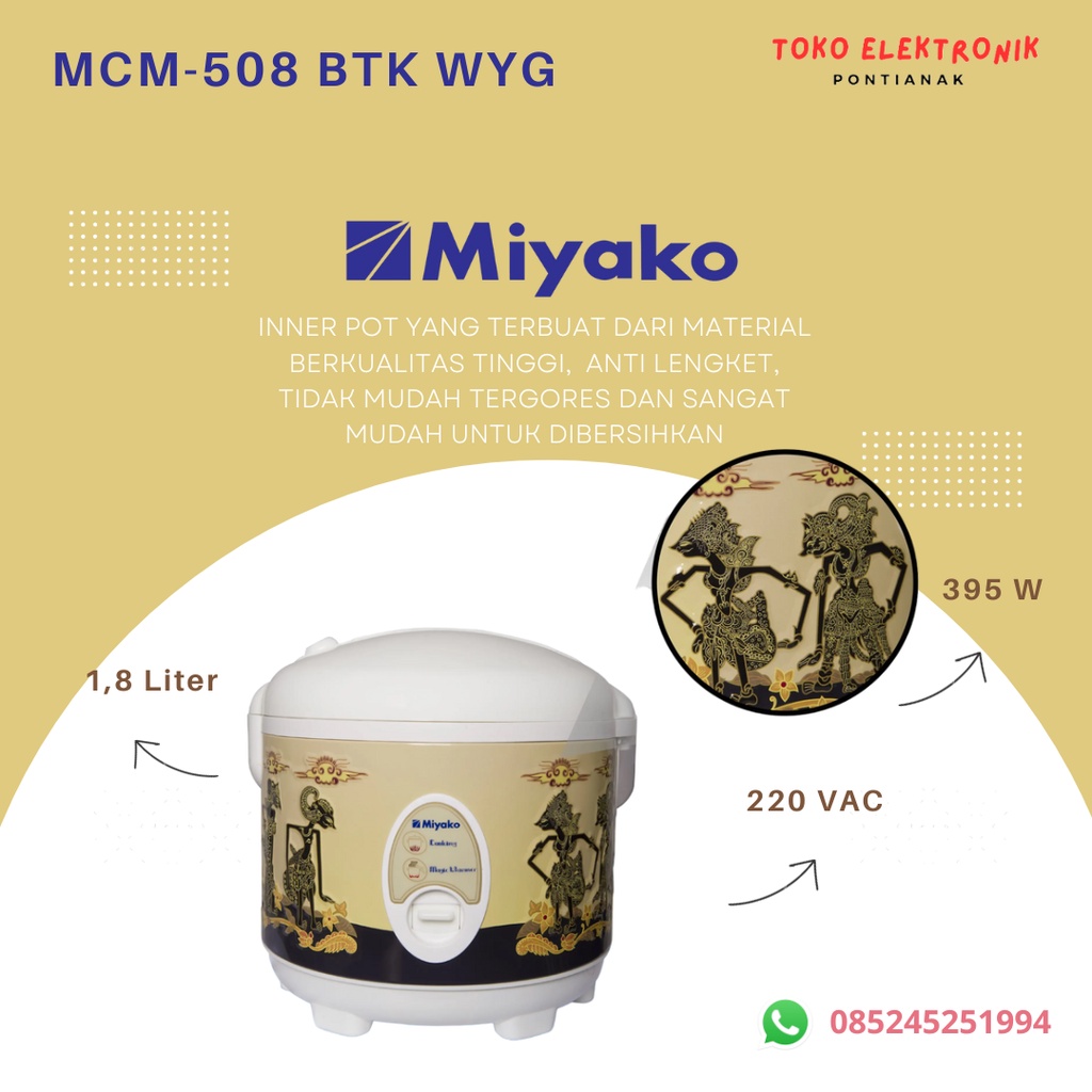 Miyako MCM-508 BTK WYG Magic Com 1,8L Termal 300x320x320mm Lapisan Anti-Lengket