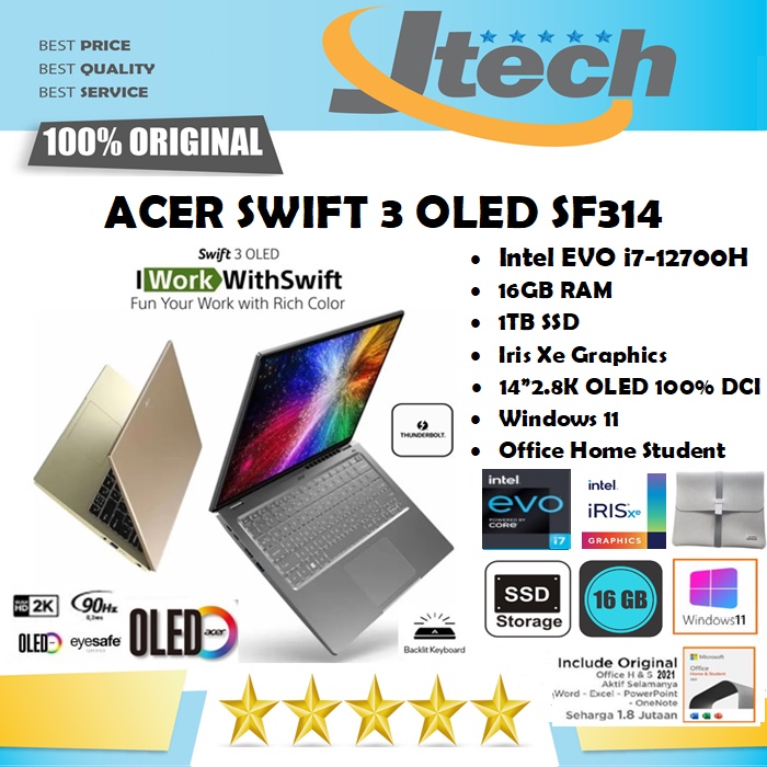 ACER Swift 3 OLED SF314-71 - EVO i7-12700H - 16GB - 1TB SSD - 14&quot;2.8K OLED 100% DCI - WIN11 - OFFICE HOME STUDENT