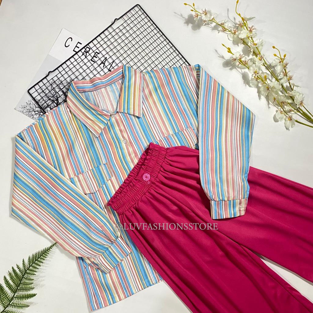 IL - SETELAN WANITA KEMEJA SALUR / ONE SET ATASAN WANITA STRIPE / KULOT 2 KANCING CREPE