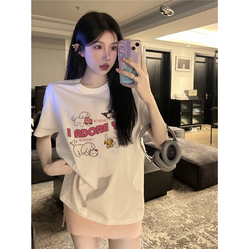 EUNII T-shirt Lengan Pendek Cartoon Pink Dog Korean Style/Kaos Atasan Wanita/Baju Kaus Oversize Wanita/Kaos Wanita