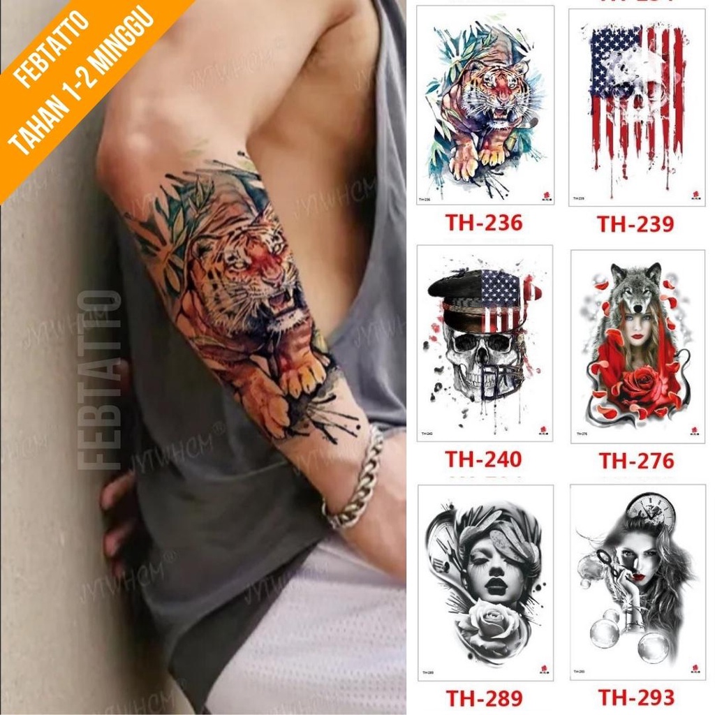 Tato Temporer Ukuran 21cmx15cm Motif Aesthetic Tatto Temporary Stiker Tato Halal Grosir Tato air motif harimau, tengkorak, serigala, perempuan, bendera negara TH 236