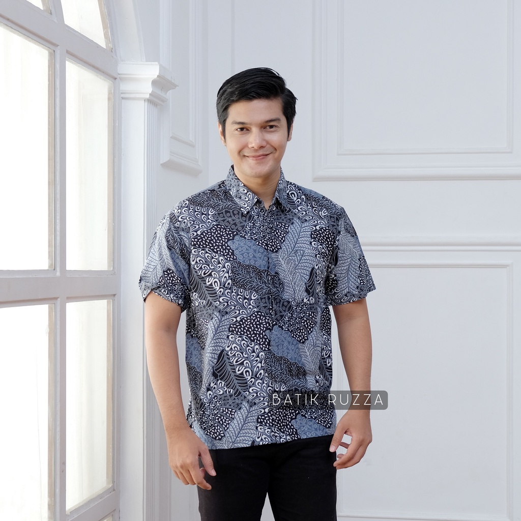 RUZZA Batik Pria Lengan Pendek Motif Kembang Langit Sogan Kemeja Cowok Dewasa Size M L XL