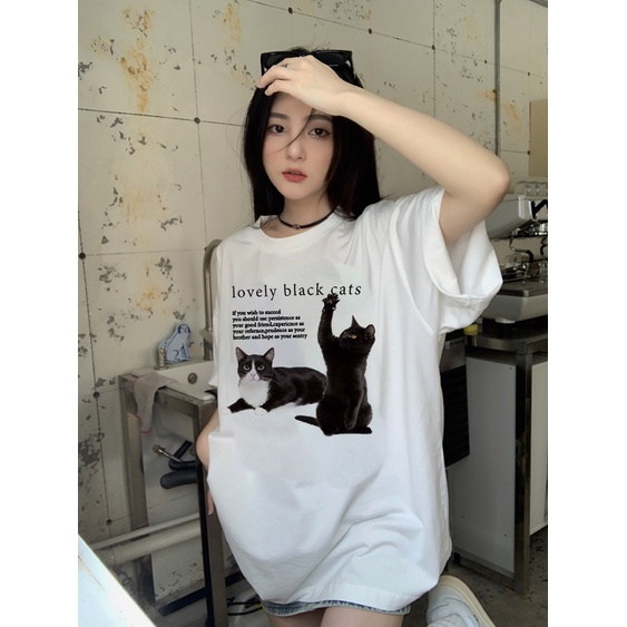 EUNII T-shirt Lengan Pendek Retro Black Cats Korean Style/Kaos Atasan Wanita/Baju Kaus Oversize Wanita/Kaos Wanita