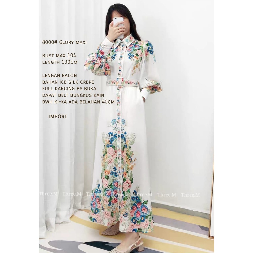 8000 Fashion Baju Maxi dress dres lengan panjang balon putih motif bunga  kancing depan lebaran kond