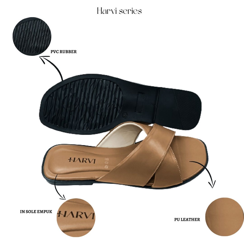 Sandal Wanita Flat Kekinian HARVI EVELYN Silang Warna Tan