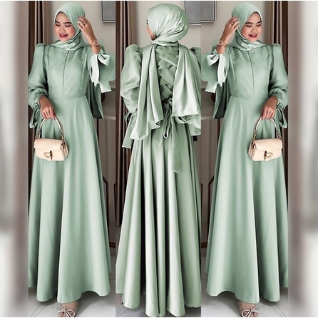 Baju Lebaran Warna Sage Edisi Lebaran Trand Terbaru Idhul Fitri Gamis Polos Elegant Pesta Kondangan 