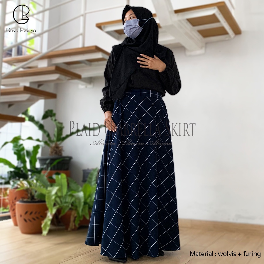 Rok Tartan Motif Kotak Panjang Model Payung Lebar Wanita  Muslimah  Plaid  Umbrella Skirt