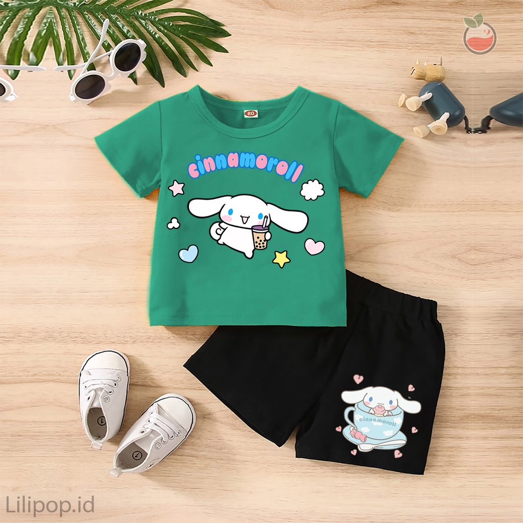 Baju Anak Stelan Kaos 3/4  CINNAMOROLL Cowok Cewek  Usia 1 - 4 Tahun Celana Pendek Harian