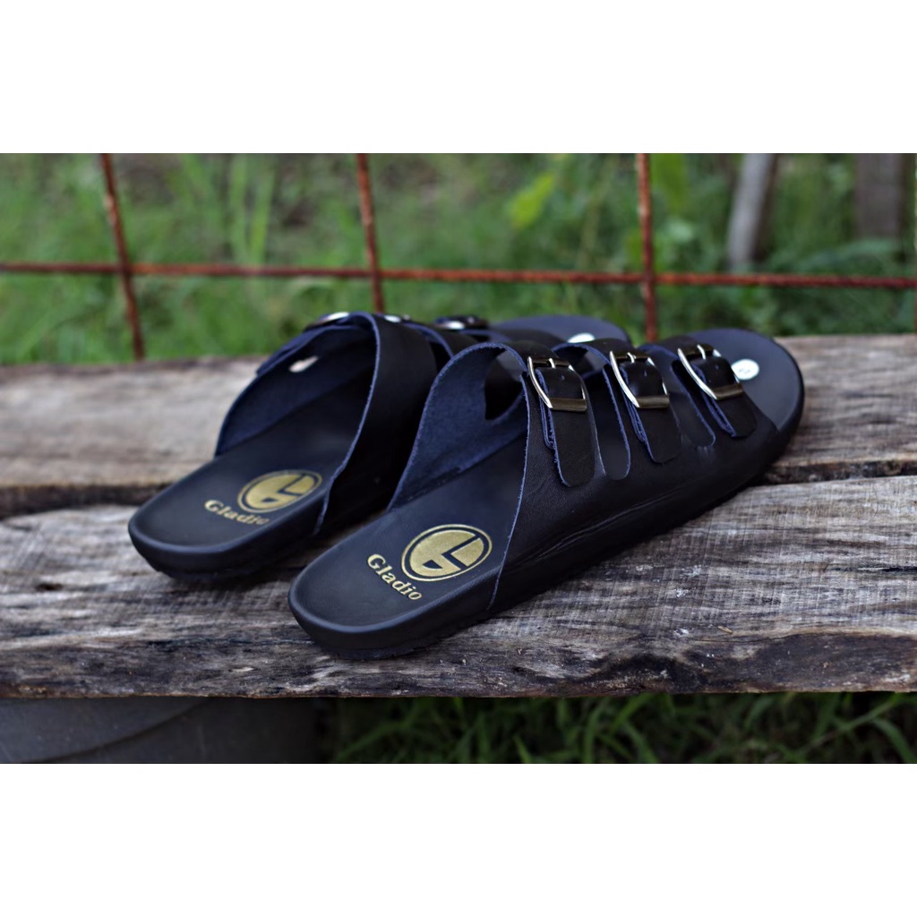 Fatimahshoes Sandal Slide kulit Kasual Santai Fashion Pria Full Black