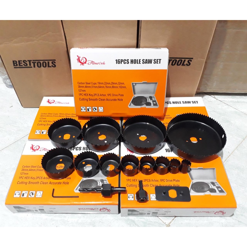 HOLESAW set 16pcs BISON - mata bor hole saw JUMBO 19mm s/d 127mm - mata bor gergaji pelubang kayu Hy