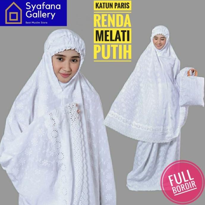 Mukena Dewasa Katun Paris Putih Bordir Renda Melati Cantik