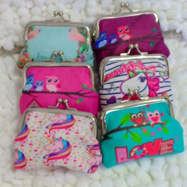 BS044 Dompet Koin Mini motif print kartun burung/unicorn