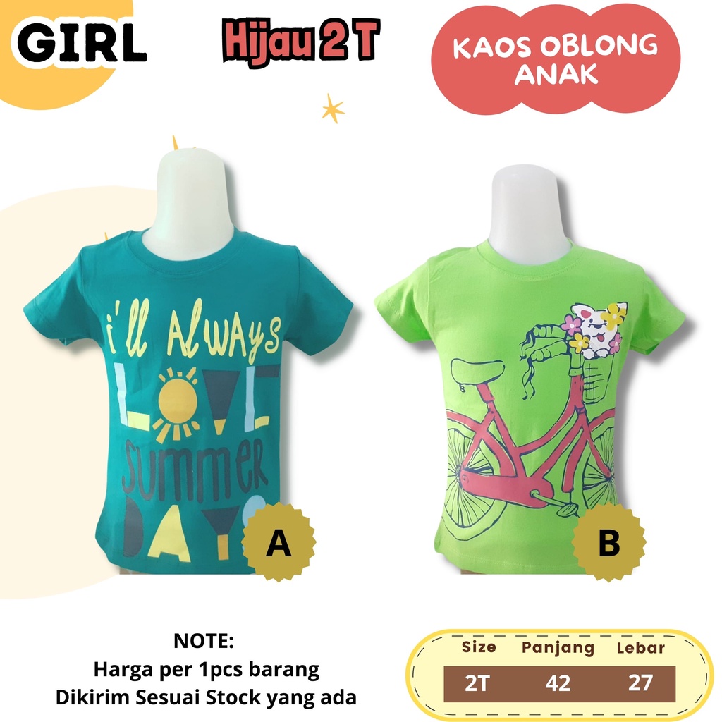 Kaos OBLONG Pendek Anak Cewek Size 1 - 6 T adem pendek cewek perempuan girl katun motif lucu branded