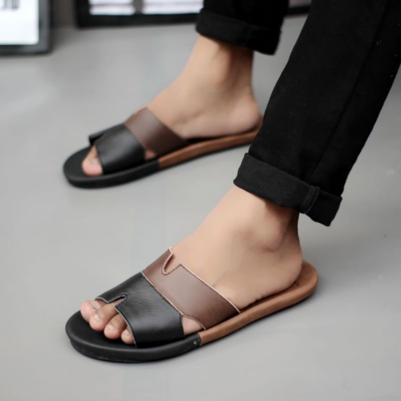 CEVANY COMBI Black (KULIT ASLI) Sandal Pria Kulit Asli Twotone Sendal Slide Slop Flip Flop